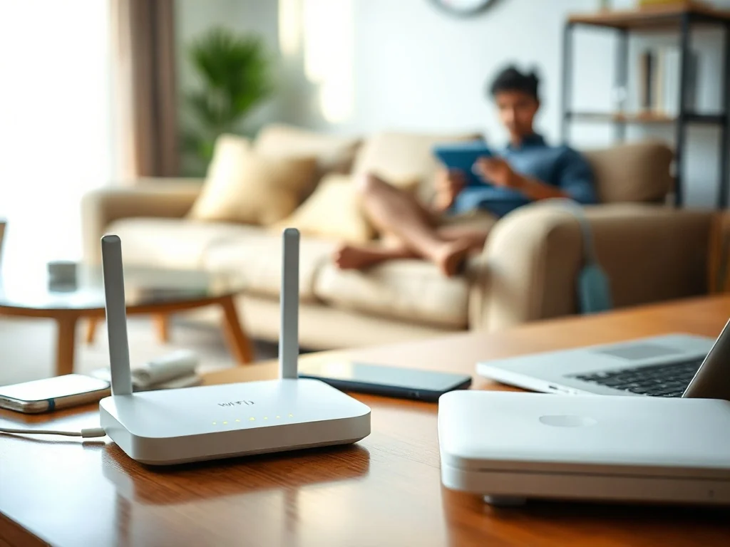 Nowoczesny router Wi‑Fi na biurku obok smartfona i laptopa, symbol domowego internetu i wyboru najlepszego dostawcy.