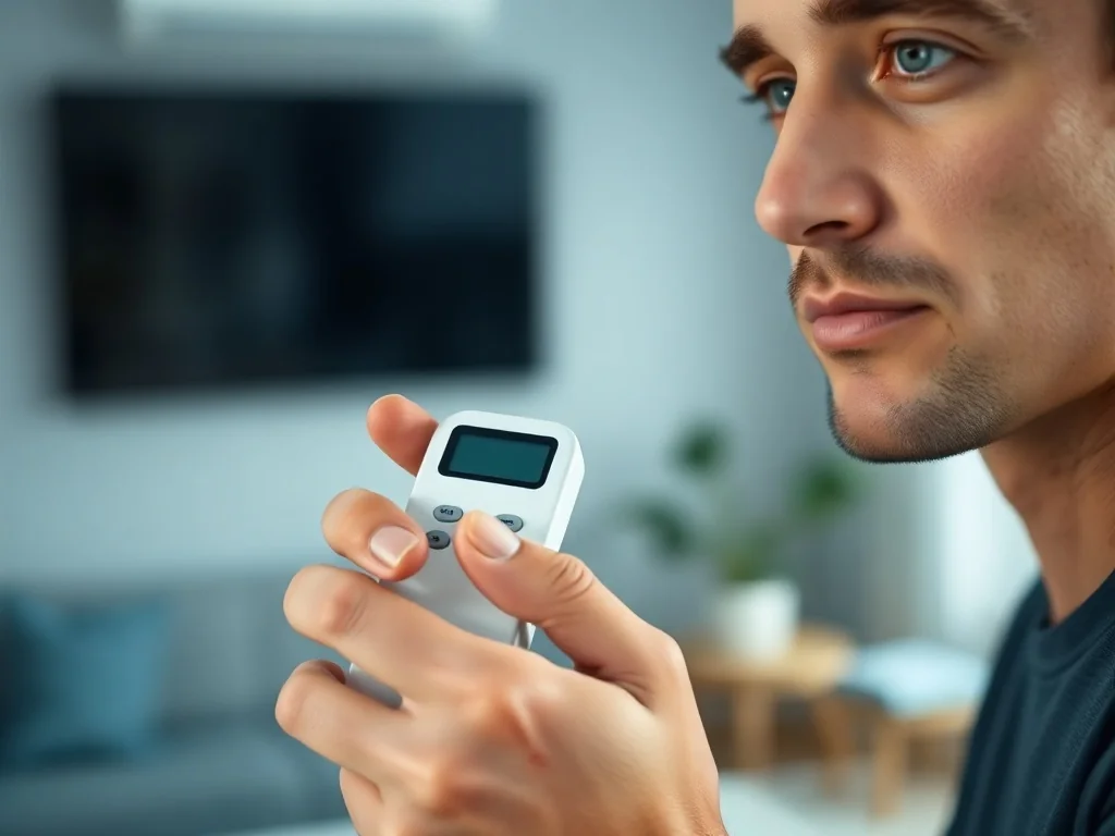 Mężczyzna trzymający nowoczesny pilot do klimatyzatora LG na tle minimalistycznego salonu.