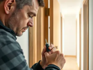Mężczyzna ustawia parametry na nowoczesnym sterowniku kotła zamontowanym na białej ścianie.