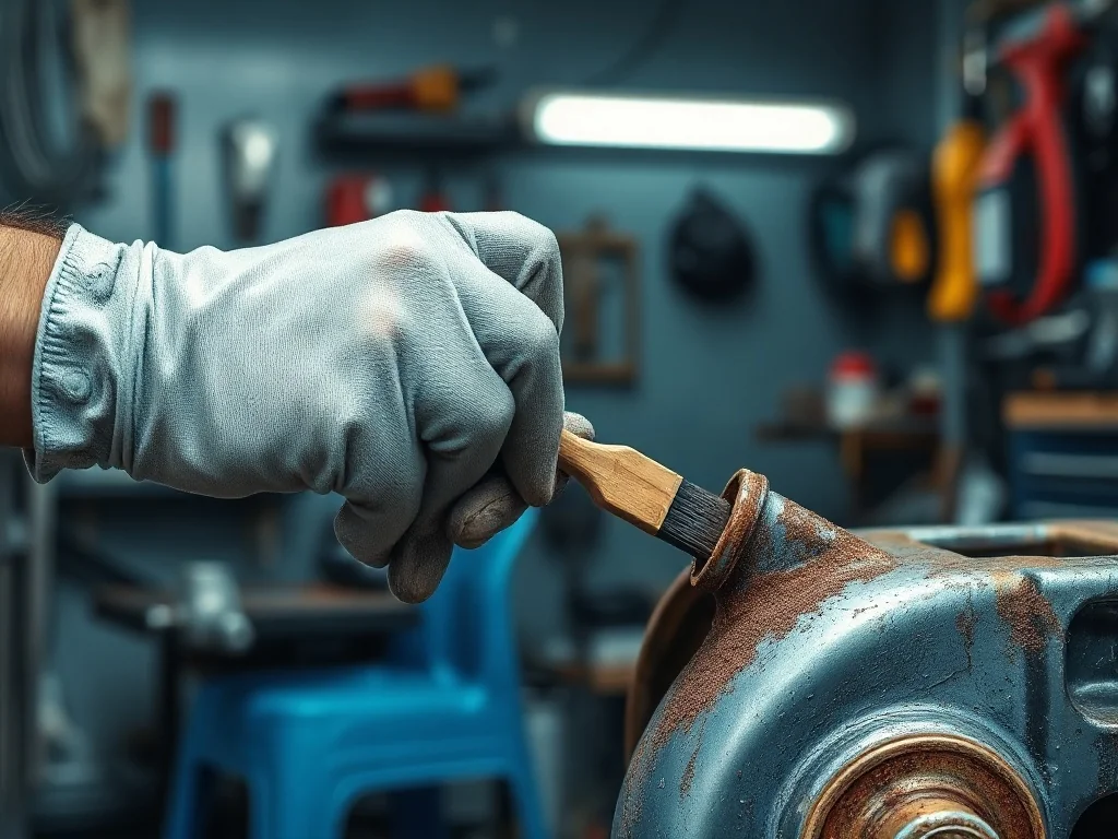 Dłonie w rękawicach ochronnych nakładają pędzlem preparat neutralizujący rdzę na skorodowany element metalowy samochodu.