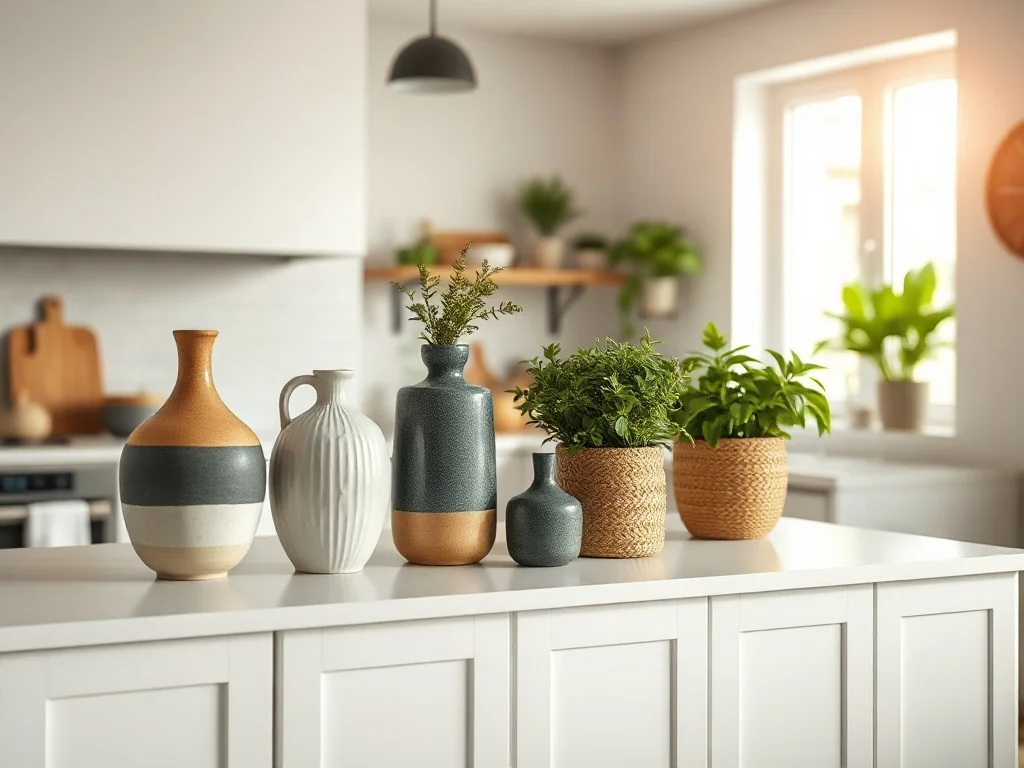 Dekoracje na górnych szafkach kuchennych: ceramiczne wazony, rośliny w doniczkach i wiklinowe kosze w jasnym wnętrzu.